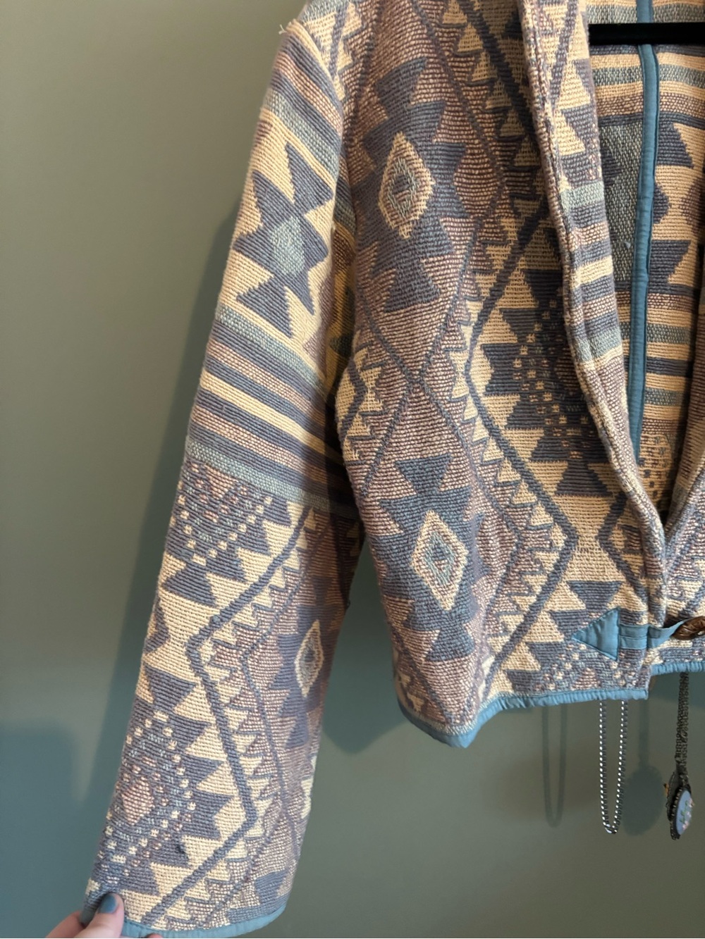 Vintage Patterned Tapestry Southwestern Cropped Jacket Beige Blue Size Small - Picture 8 of 8